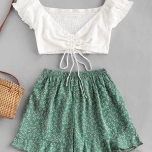 Cinched Ruffle Loose Shorts Set